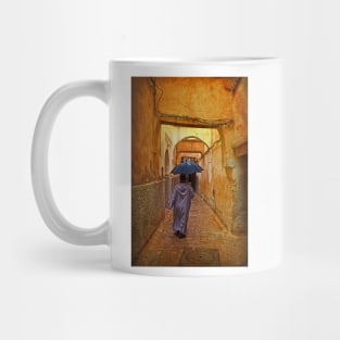 Morocco. Fes. Medina. Walking in the rain. Mug